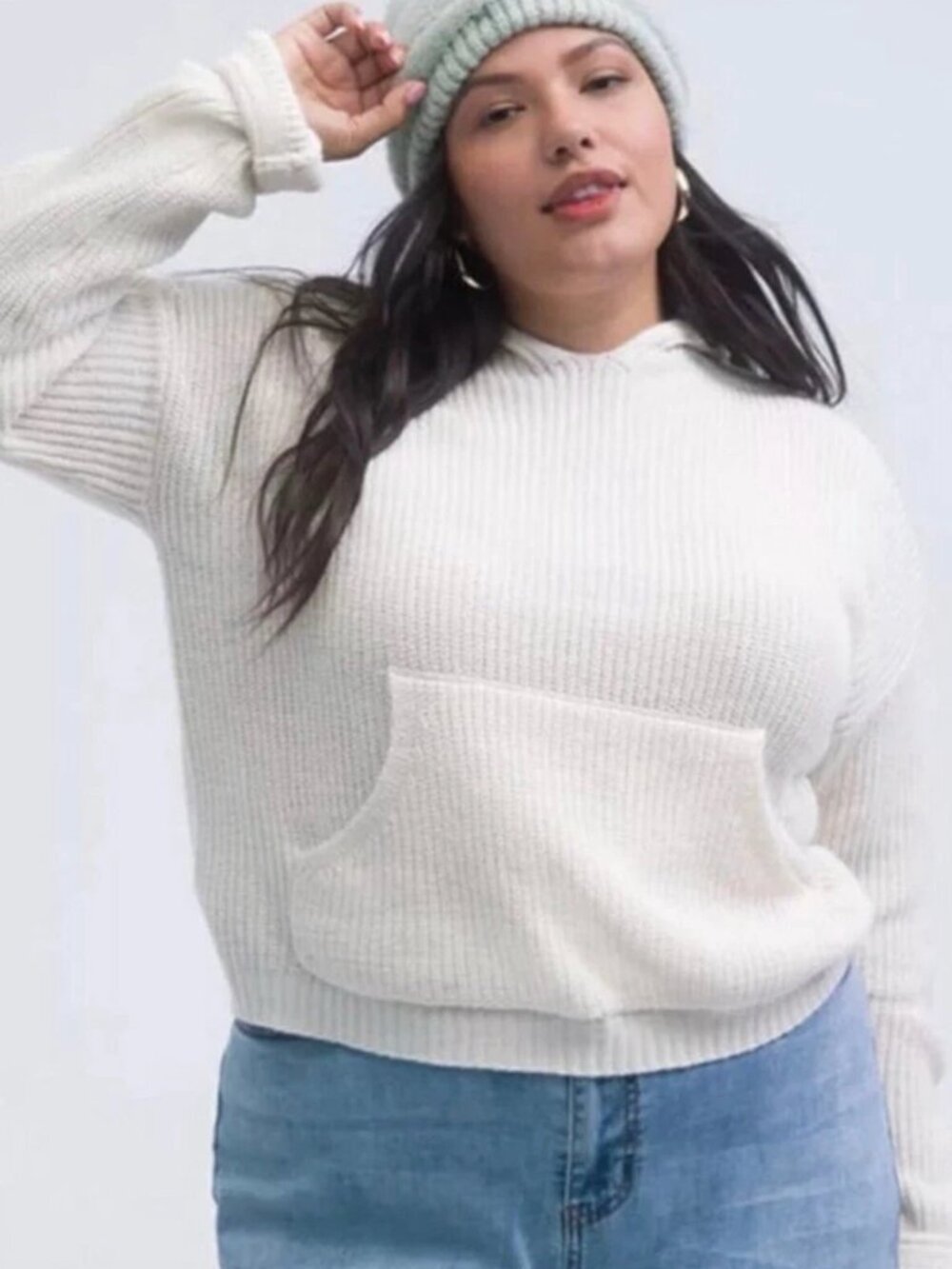 FOREVER 21 + Plus Size Solid Cream Ivory Sweater Material Knit Hoodie Sweatshirt